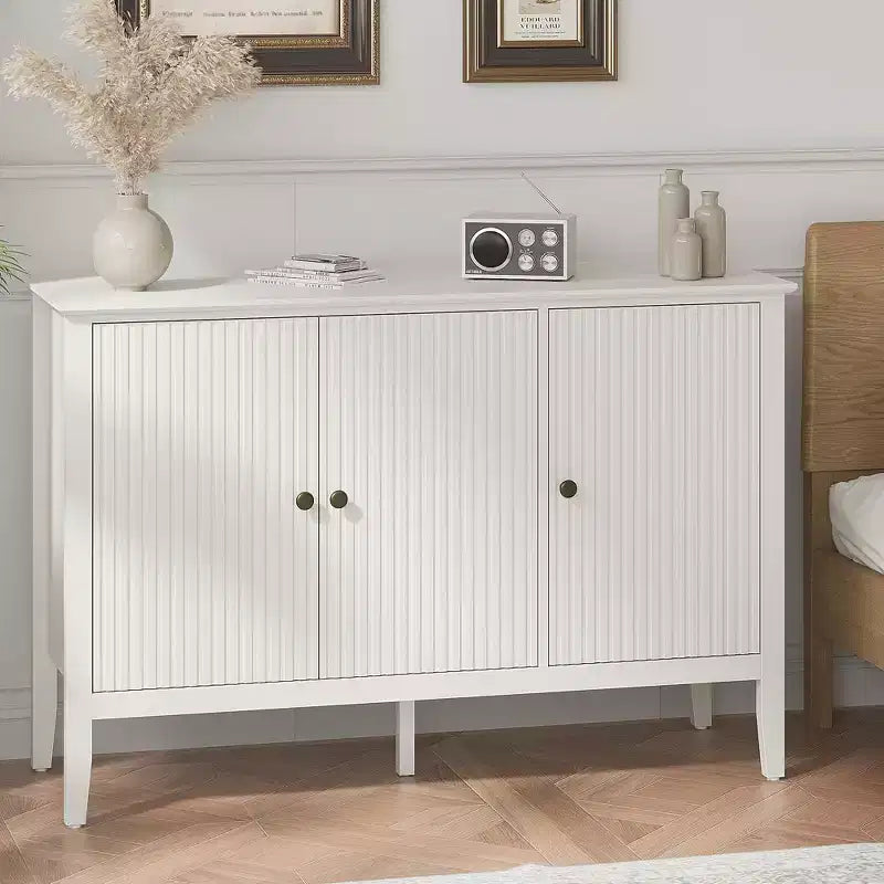 Fluted 3-Door Cabinet, Modern White Buffet Cabinet with Adjustable Shelves & Metal Knobs, Sideboard Coffee Bar Cabinet, Storage Cabinet,White