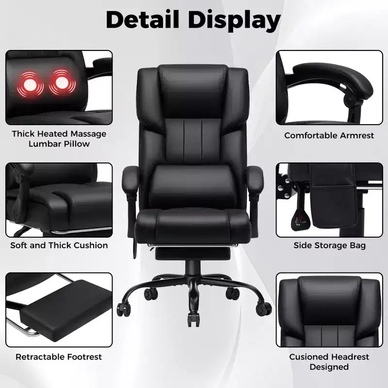 Fauteuil de bureau de direction massant et chauffant avec accoudoirs réglables, repose-pieds et dossier inclinable