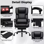 Fauteuil de bureau de direction massant et chauffant avec accoudoirs réglables, repose-pieds et dossier inclinable