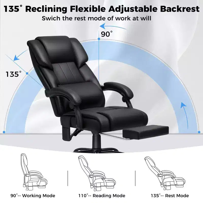 Fauteuil de bureau de direction massant et chauffant avec accoudoirs réglables, repose-pieds et dossier inclinable