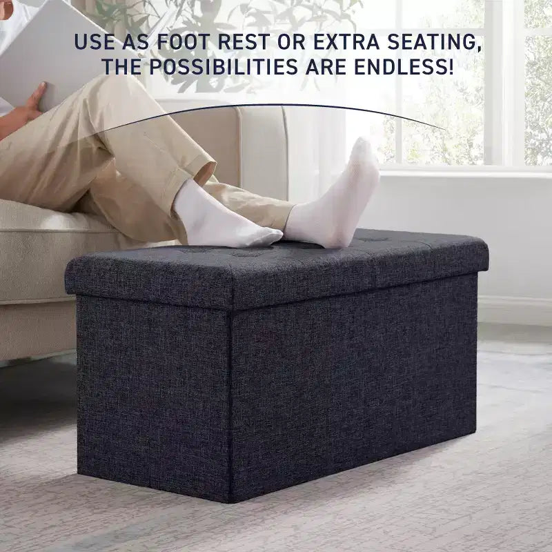 Foldable Tufted Linen 30 Inch Bench Storage Ottoman