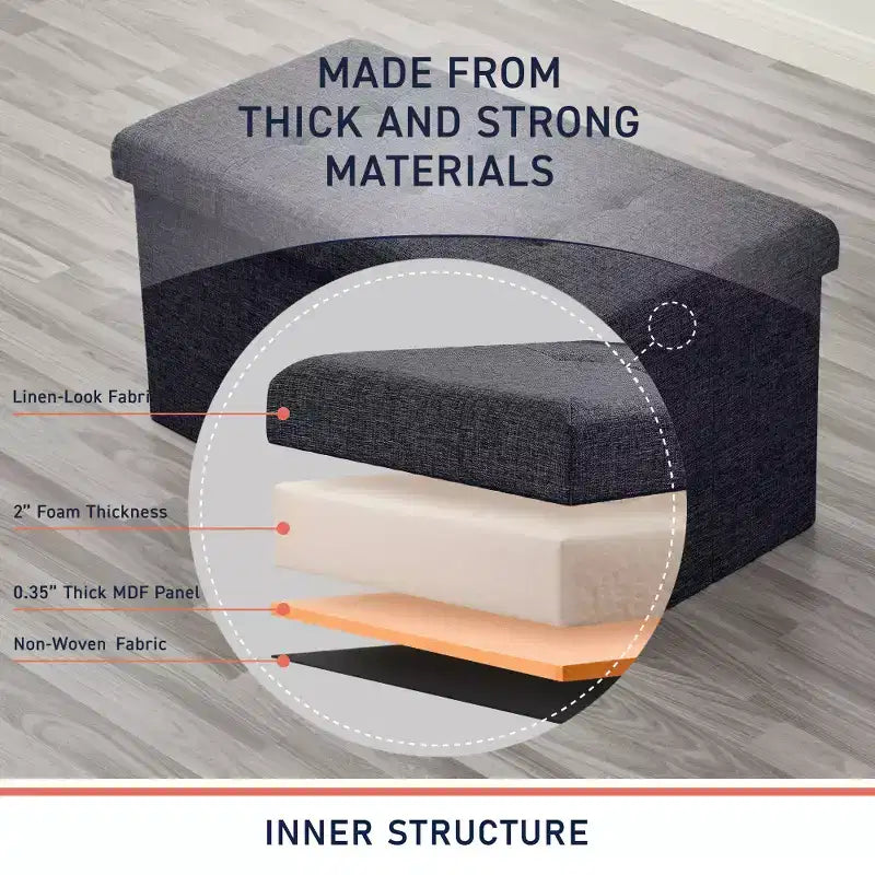 Foldable Tufted Linen 30 Inch Bench Storage Ottoman