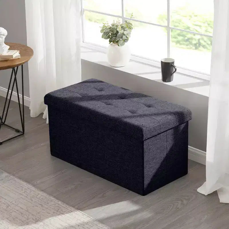 Foldable Tufted Linen 30 Inch Bench Storage Ottoman