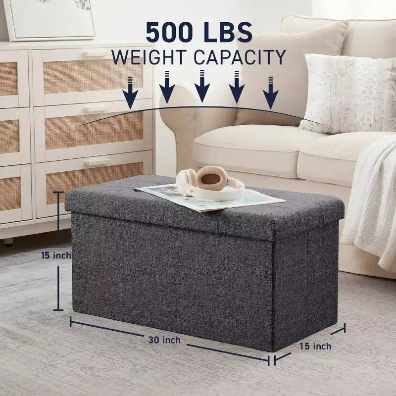 Foldable Tufted Linen 30 Inch Bench Storage Ottoman