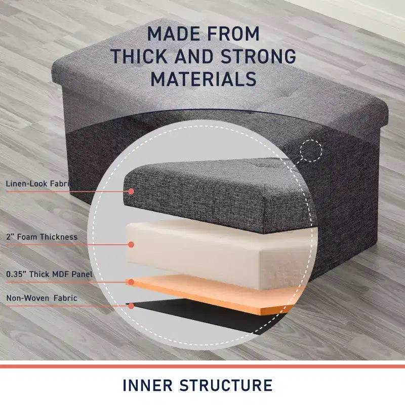 Foldable Tufted Linen 30 Inch Bench Storage Ottoman