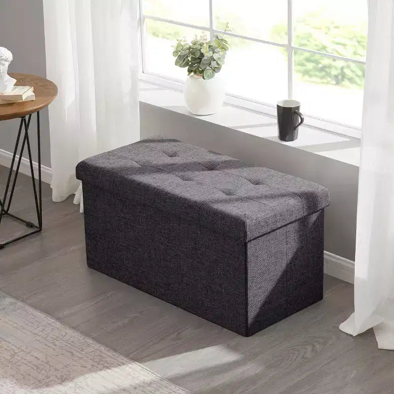 Foldable Tufted Linen 30 Inch Bench Storage Ottoman