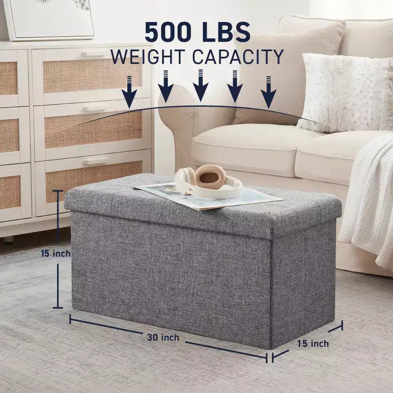 Foldable Tufted Linen 30 Inch Bench Storage Ottoman