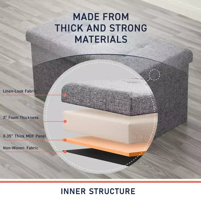 Foldable Tufted Linen 30 Inch Bench Storage Ottoman