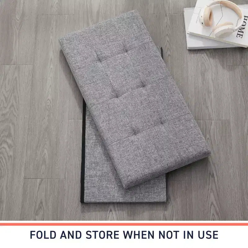 Foldable Tufted Linen 30 Inch Bench Storage Ottoman