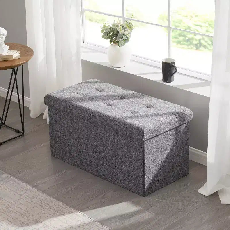 Foldable Tufted Linen 30 Inch Bench Storage Ottoman