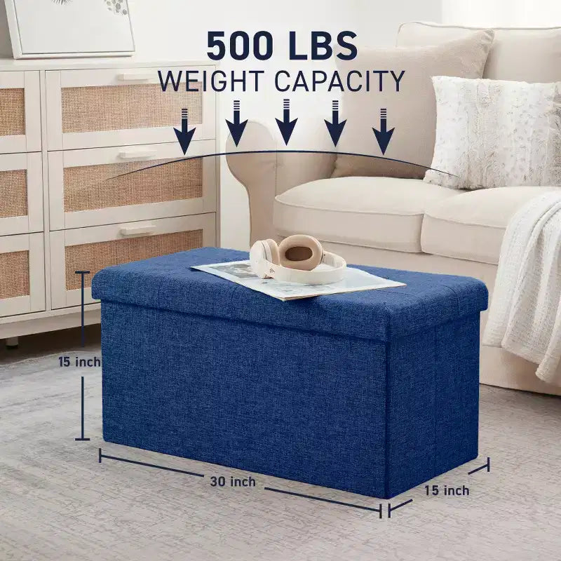 Foldable Tufted Linen 30 Inch Bench Storage Ottoman