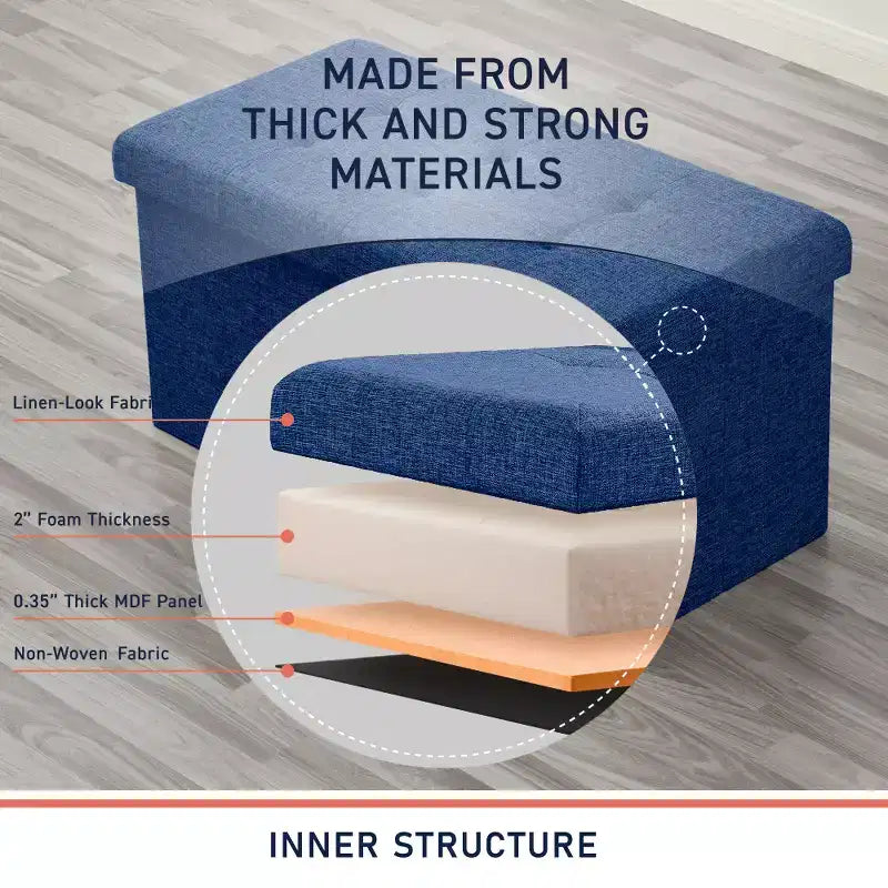 Foldable Tufted Linen 30 Inch Bench Storage Ottoman
