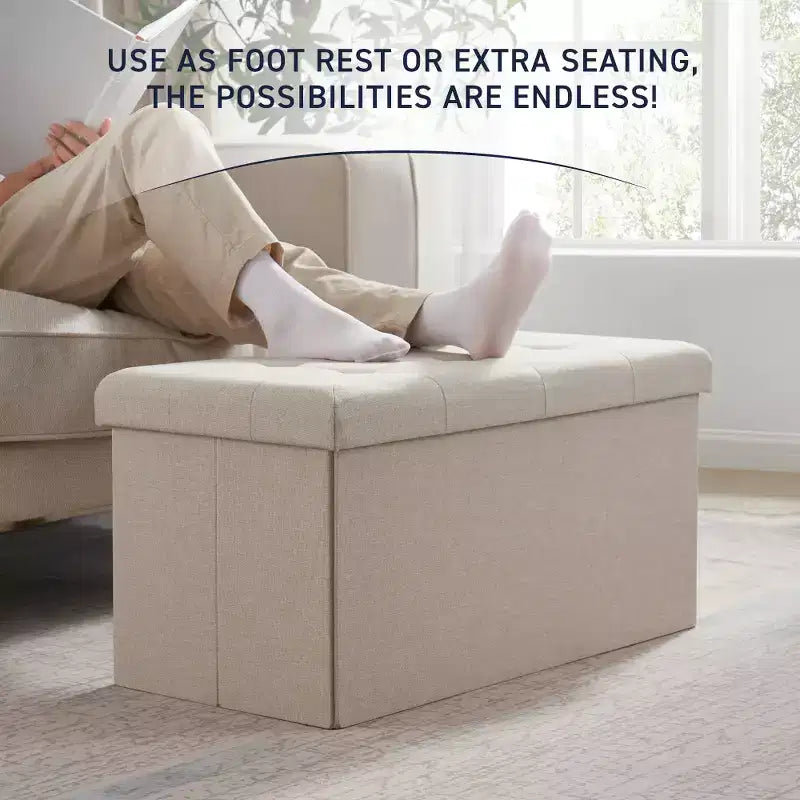 Foldable Tufted Linen 30 Inch Bench Storage Ottoman