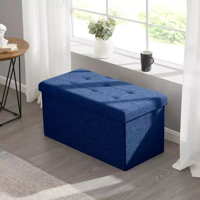 Foldable Tufted Linen 30 Inch Bench Storage Ottoman
