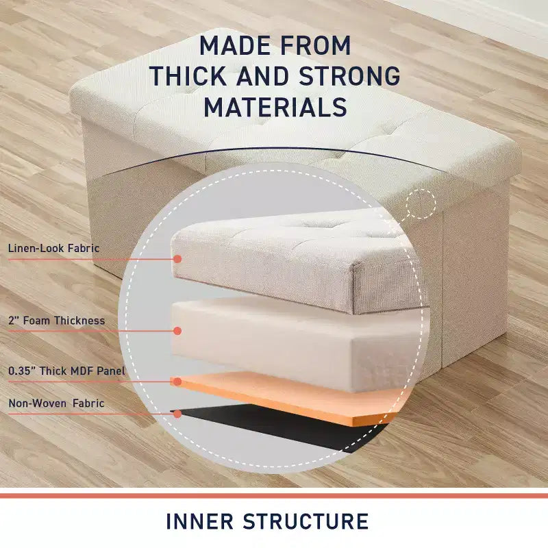 Foldable Tufted Linen 30 Inch Bench Storage Ottoman