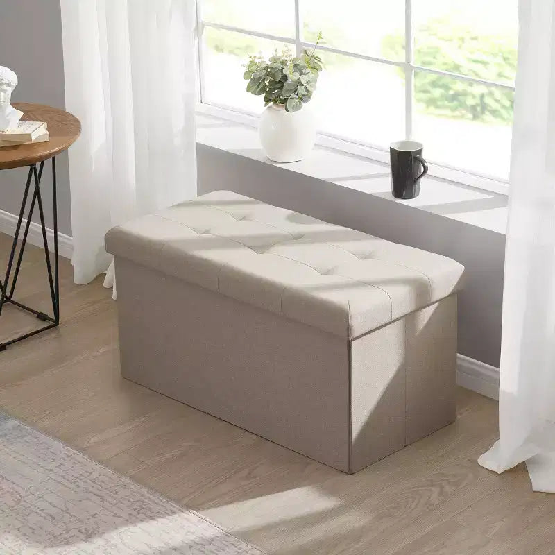 Foldable Tufted Linen 30 Inch Bench Storage Ottoman
