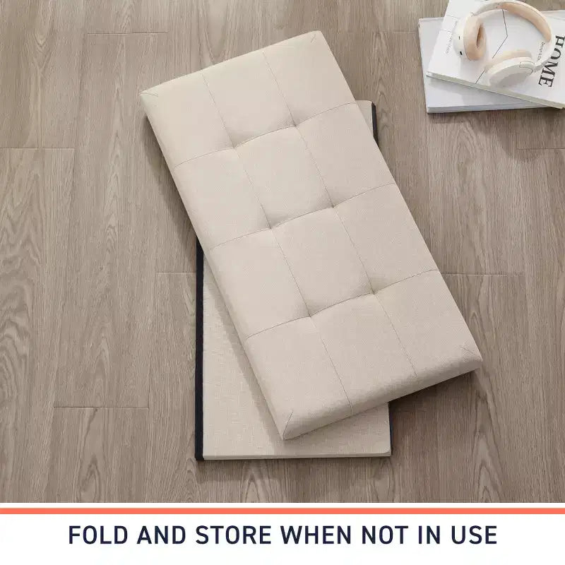 Foldable Tufted Linen 30 Inch Bench Storage Ottoman