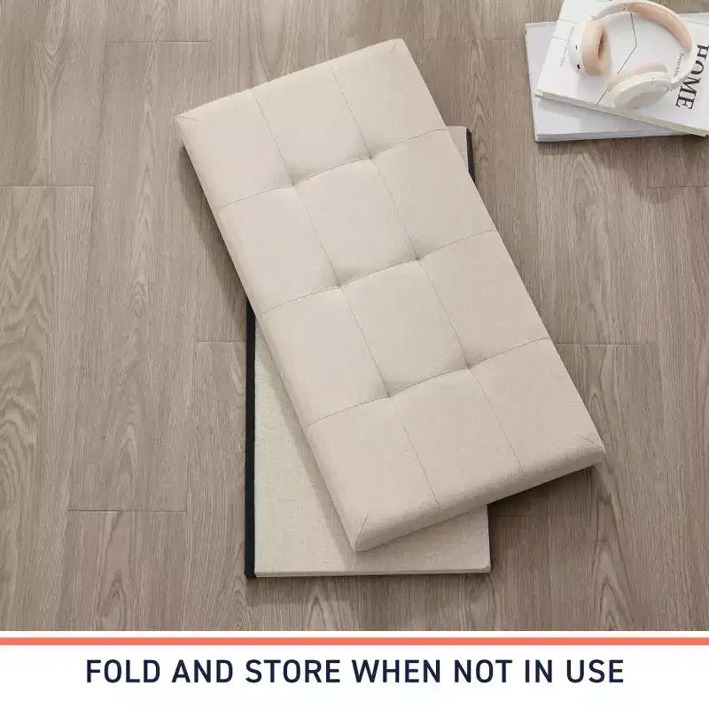 Foldable Tufted Linen 30 Inch Bench Storage Ottoman
