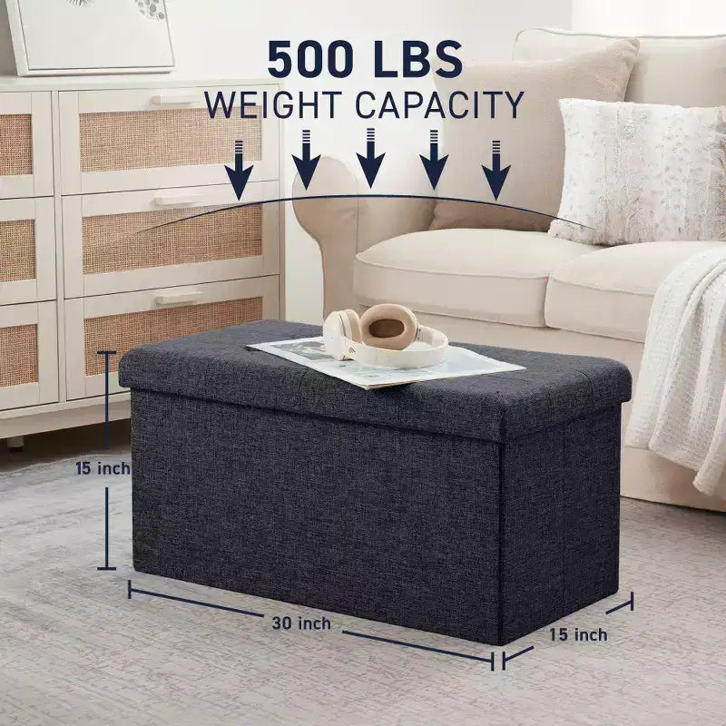 Foldable Tufted Linen 30 Inch Bench Storage Ottoman