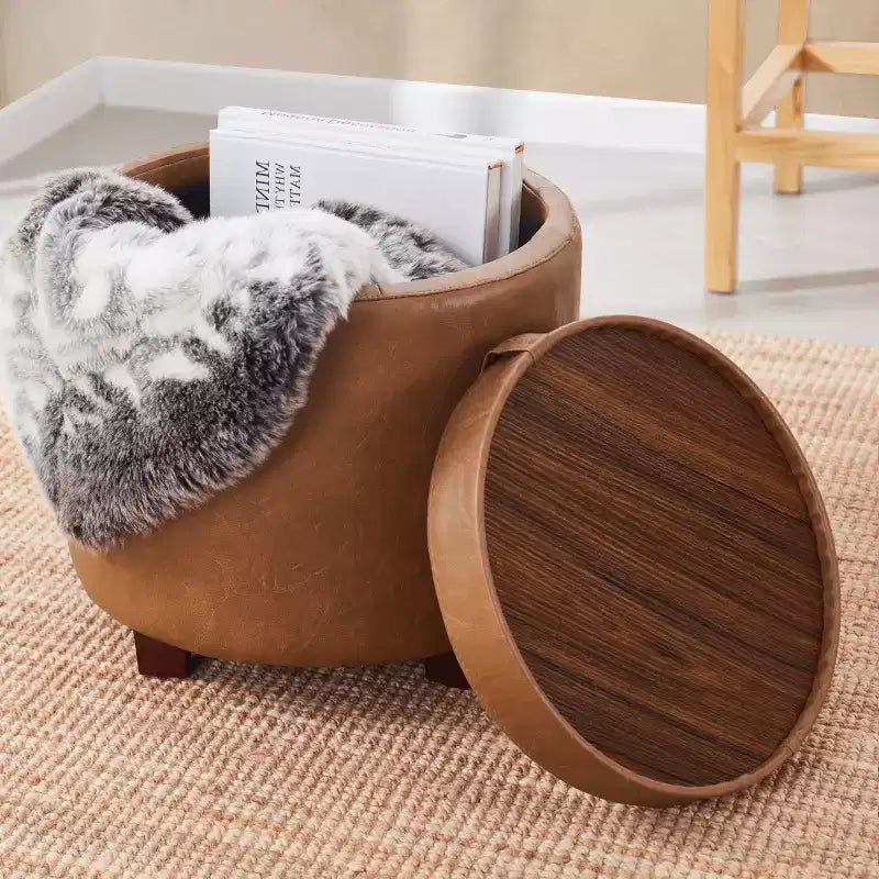 Round Faux Leather Storage Ottoman with Table Top Lid