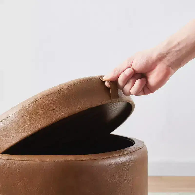 Round Faux Leather Storage Ottoman with Table Top Lid