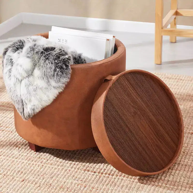 Round Faux Leather Storage Ottoman with Table Top Lid