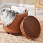 Round Faux Leather Storage Ottoman with Table Top Lid