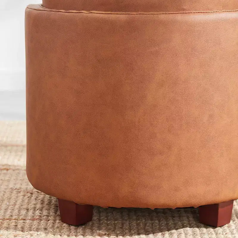 Round Faux Leather Storage Ottoman with Table Top Lid