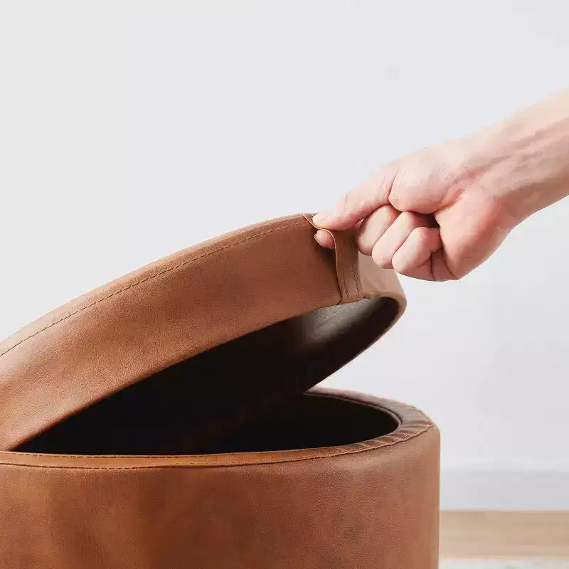 Round Faux Leather Storage Ottoman with Table Top Lid