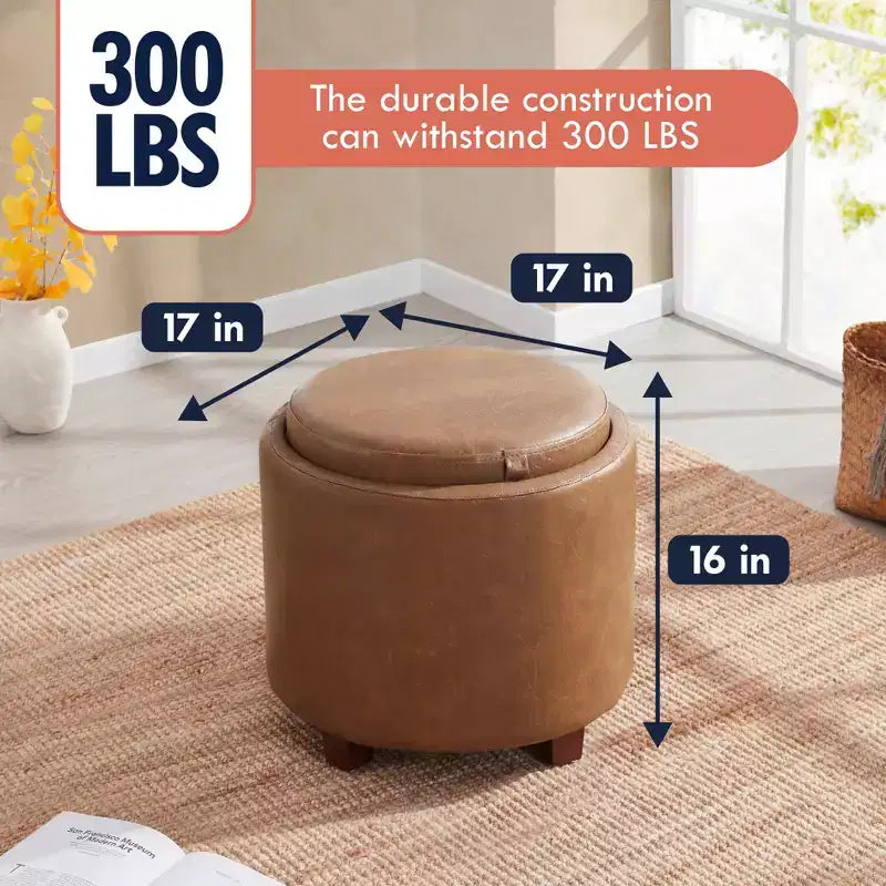 Round Faux Leather Storage Ottoman with Table Top Lid