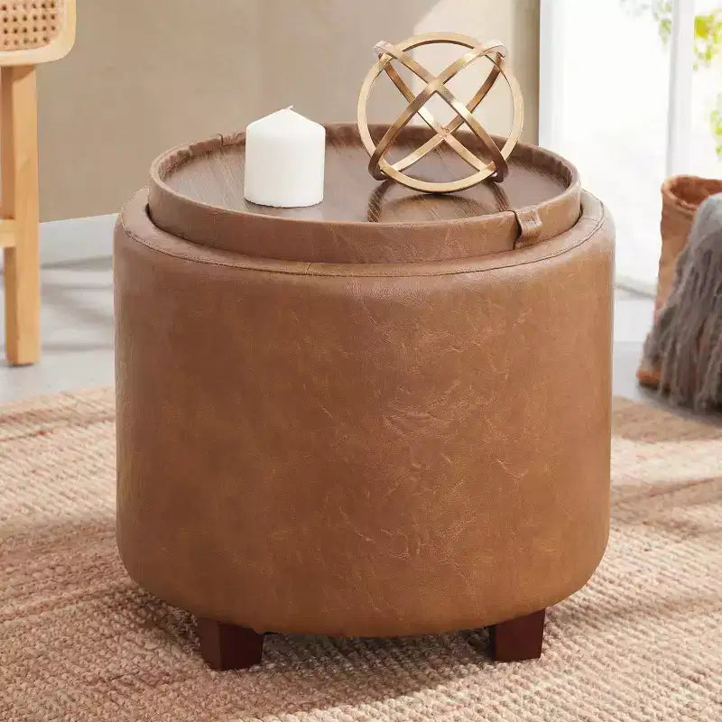 Round Faux Leather Storage Ottoman with Table Top Lid