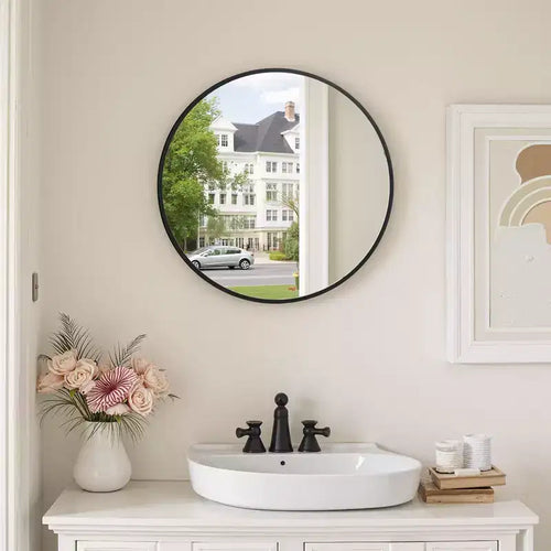 23.6 inch Black Aluminum Round Wall Mirror with Slim Frame Wall-mounted Bathroom Mirror