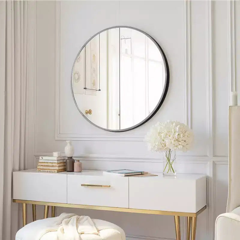 23.6 inch Black Aluminum Round Wall Mirror with Slim Frame Wall-mounted Bathroom Mirror