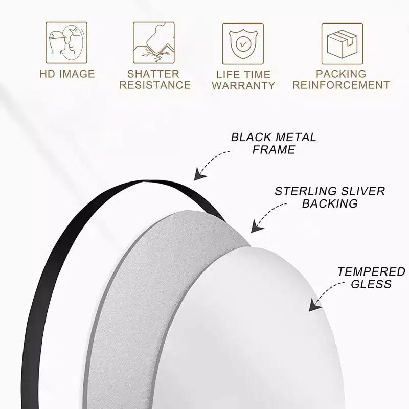 23.6 inch Black Aluminum Round Wall Mirror with Slim Frame Wall-mounted Bathroom Mirror