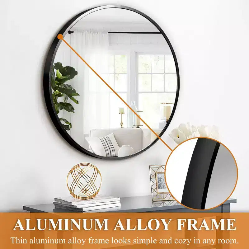 23.6 inch Black Aluminum Round Wall Mirror with Slim Frame Wall-mounted Bathroom Mirror