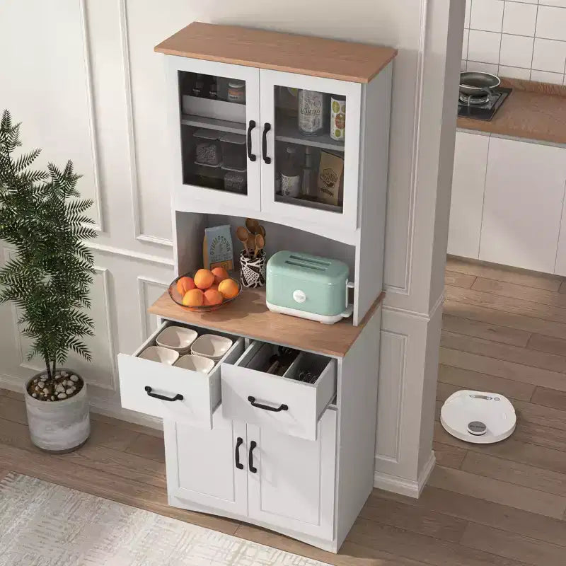 Wooden Kitchen Cabinet White Pantry Room Storage Microwave Cabinet with Framed Glass Doors and Drawer