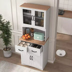 Wooden Kitchen Cabinet White Pantry Room Storage Microwave Cabinet with Framed Glass Doors and Drawer