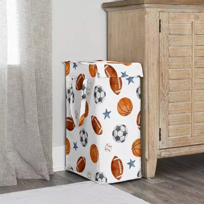 Boy Foldable Laundry Hamper with Handles Watercolor Sports Theme Blue Brown and Orange
