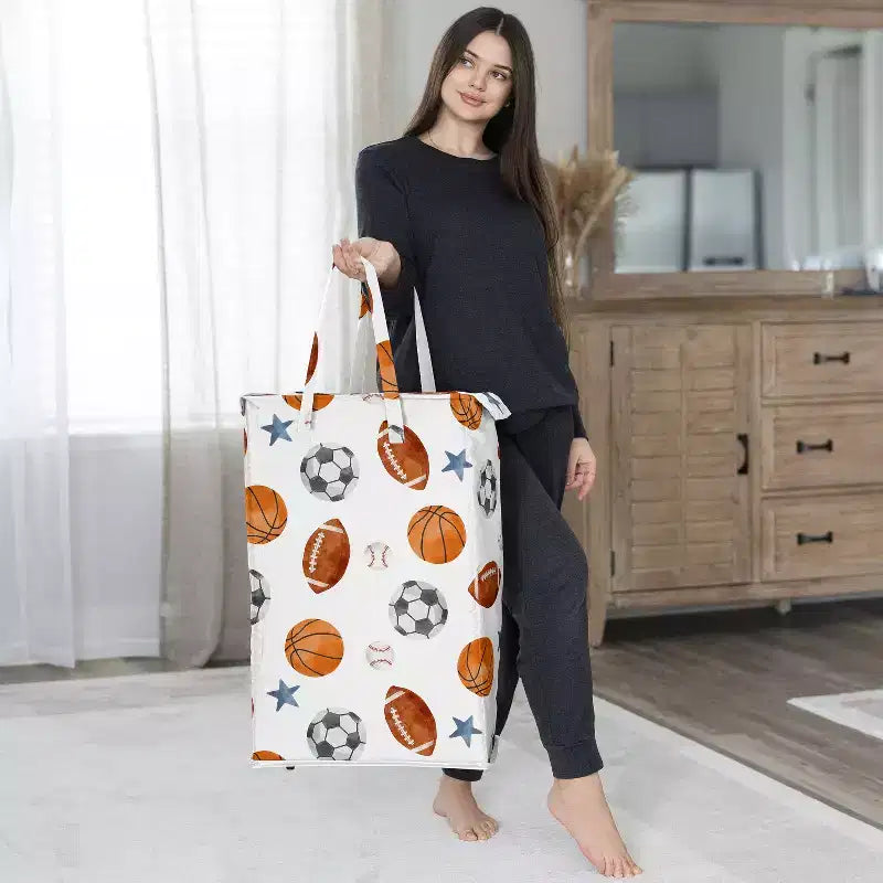 Boy Foldable Laundry Hamper with Handles Watercolor Sports Theme Blue Brown and Orange