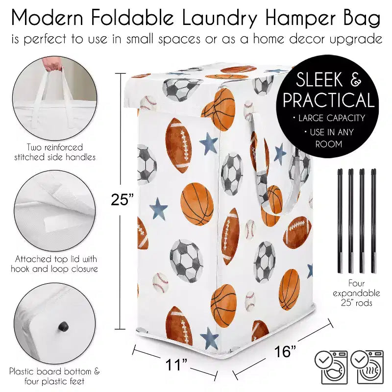 Boy Foldable Laundry Hamper with Handles Watercolor Sports Theme Blue Brown and Orange