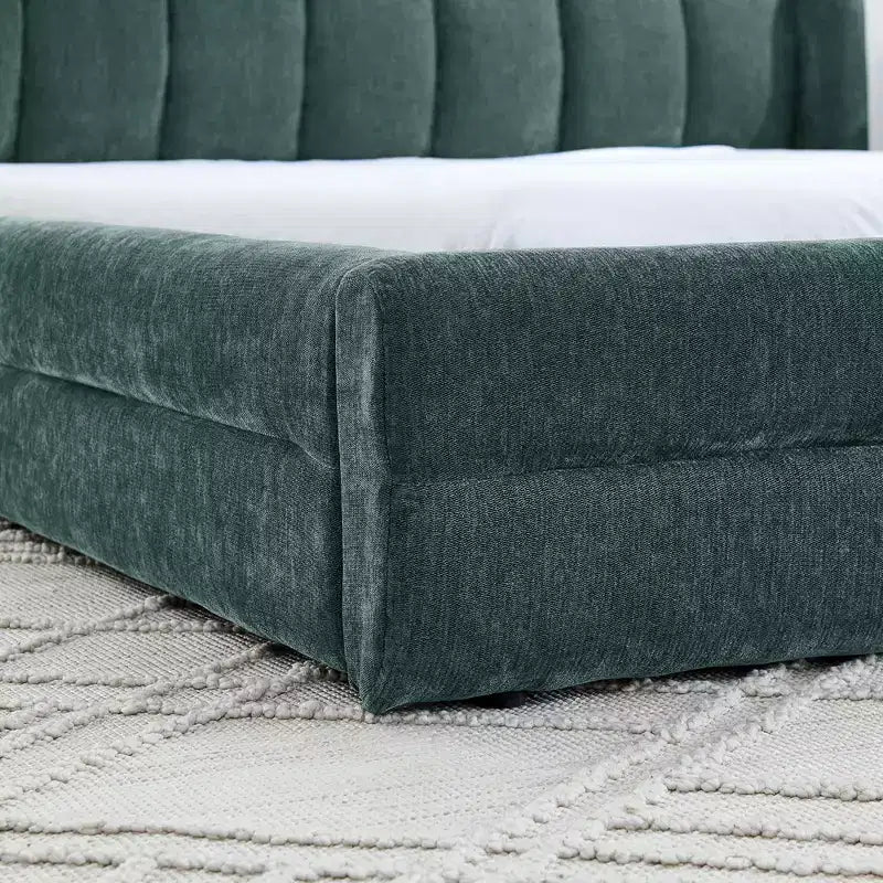 Chenille Upholstered Floor Bed with Thick Headboard