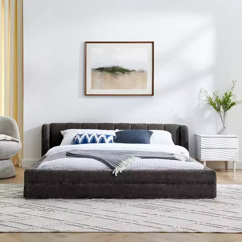 Chenille Upholstered Floor Bed with Thick Headboard