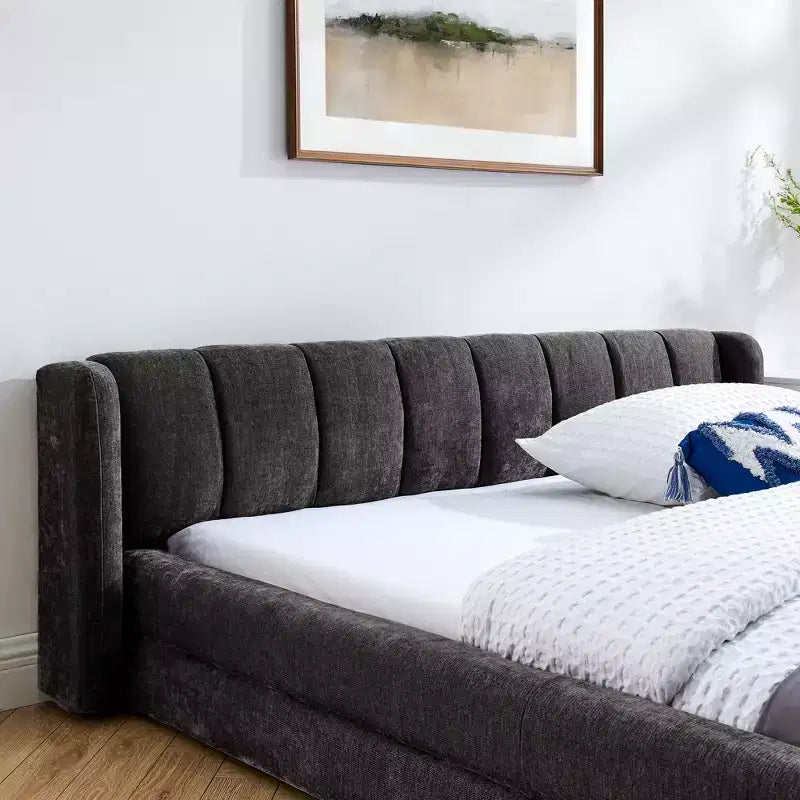 Chenille Upholstered Floor Bed with Thick Headboard