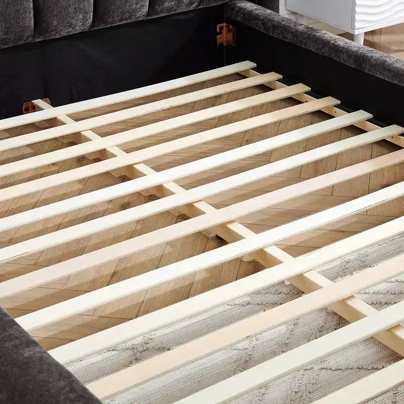 Chenille Upholstered Floor Bed with Thick Headboard