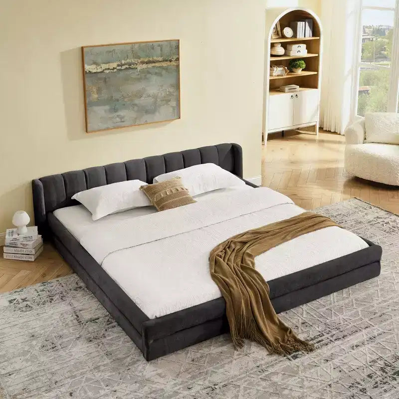 Chenille Upholstered Floor Bed with Thick Headboard