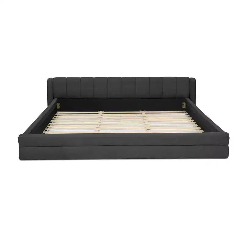 Chenille Upholstered Floor Bed with Thick Headboard