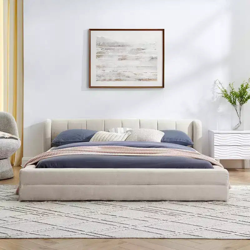 Chenille Upholstered Floor Bed with Thick Headboard