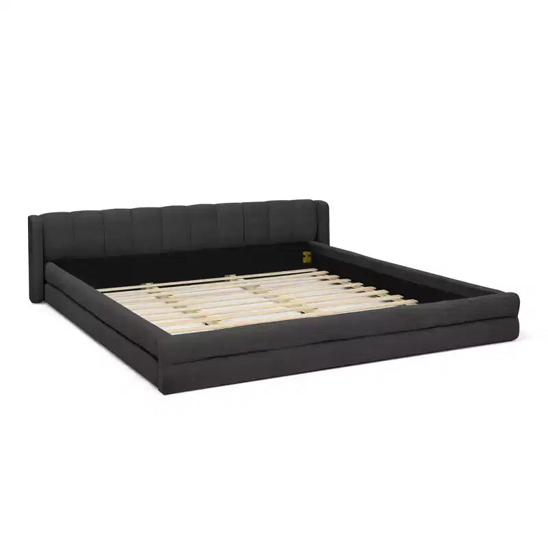 Chenille Upholstered Floor Bed with Thick Headboard