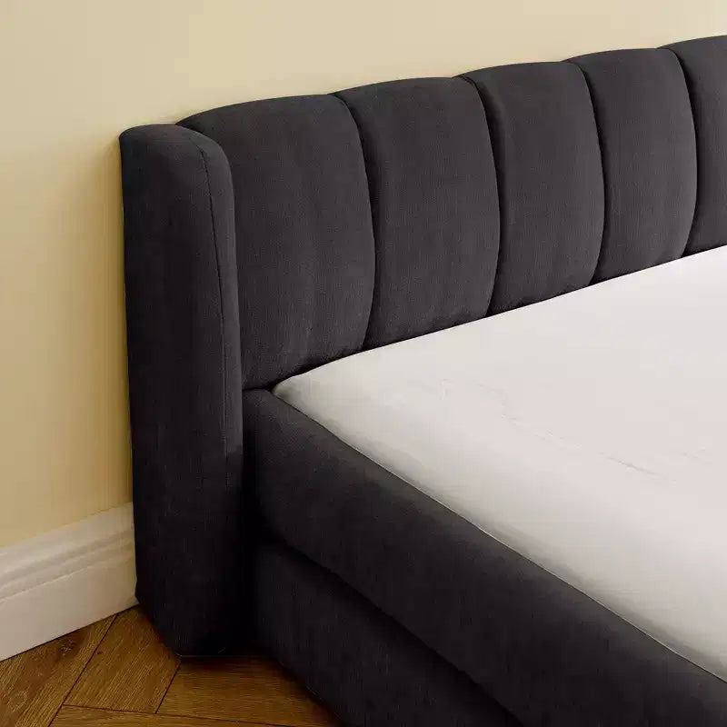 Chenille Upholstered Floor Bed with Thick Headboard