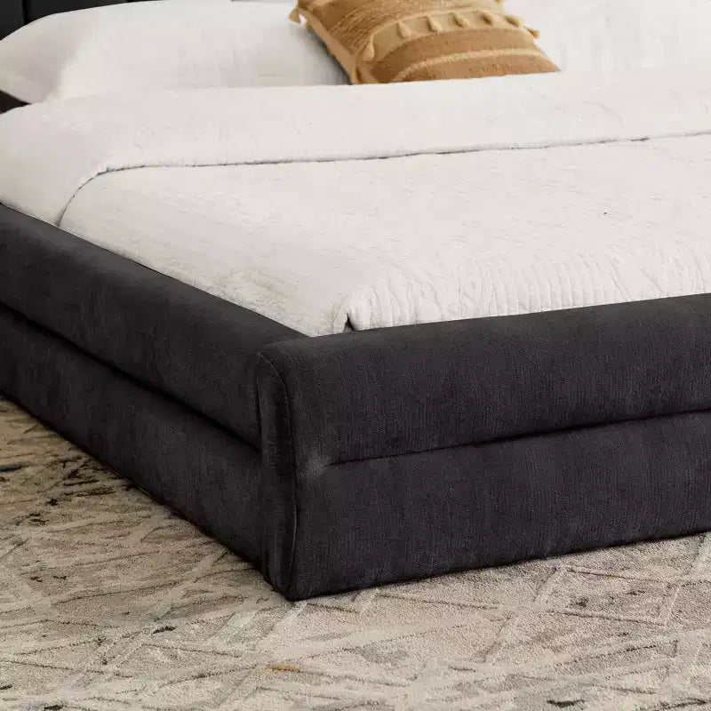 Chenille Upholstered Floor Bed with Thick Headboard